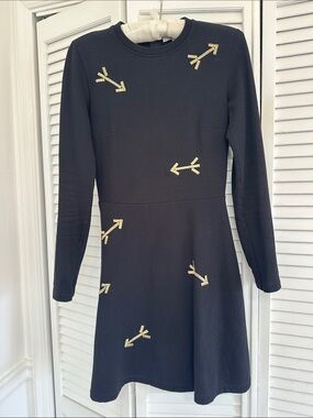 Carven Black Long-Sleeve Dress with Gold Arrow Embellishments